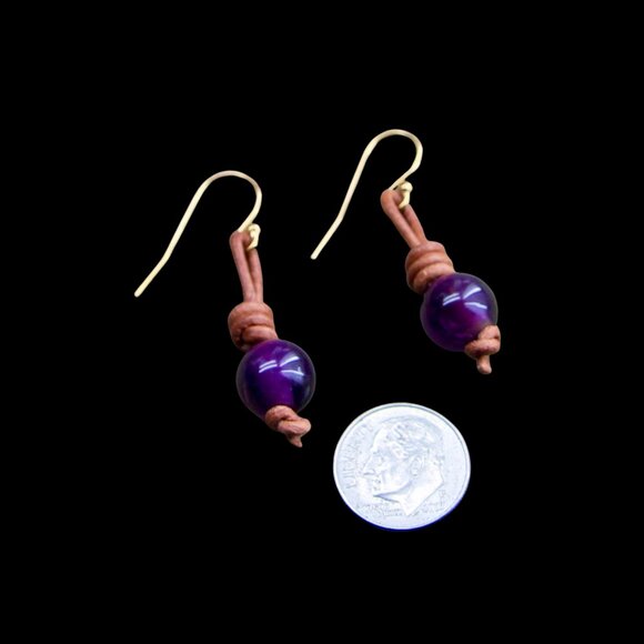 Amethyst Gemstones on Hand Knotted Soft Brown Leather Cord Earrings - Picture 3 of 6
